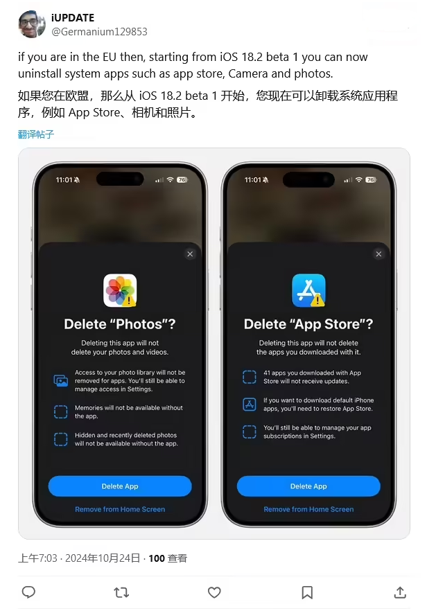 西昌苹果手机维修分享iOS 18.2 支持删除 App Store 应用商店 