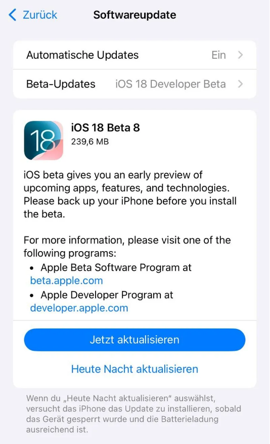 西昌苹果手机维修分享苹果 iOS / iPadOS 18 开发者预览版 Beta 8 发布 